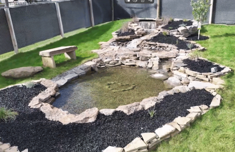 Natural stone pond with waterfall in a landscaped backyard, surrounded by garden beds and lush green grass.