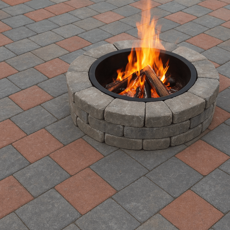 Fire pit with burning logs on a brick patio for outdoor gathering and relaxation in Montana's addiction treatment setting, symbolizing warmth and recovery hope.