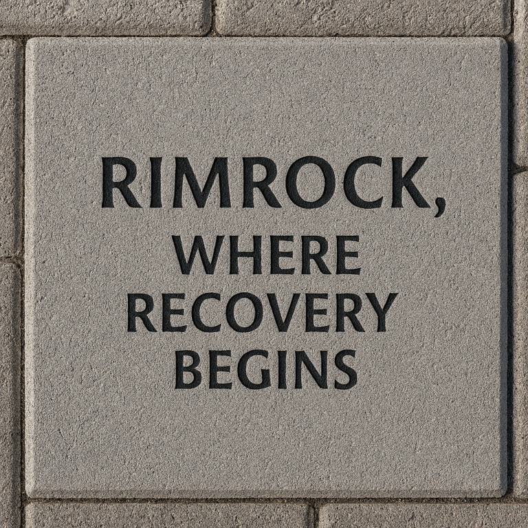A motivational stone plaque at Rimrock Montana addiction treatment center with the phrase "RIMROCK, WHERE RECOVERY BEGINS.".